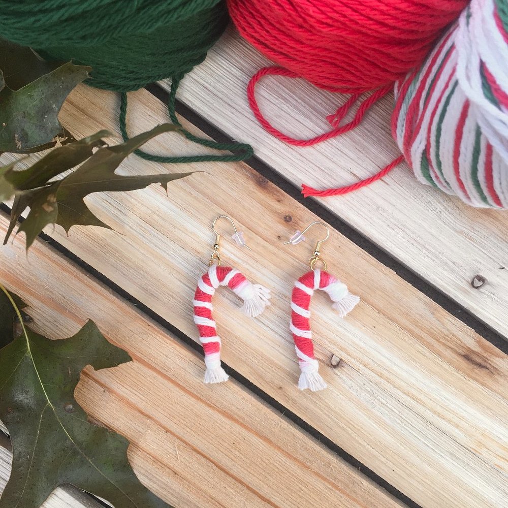 NEW Macramé Handmade Candy Cane Shaped Christmas Earrings, Nickel Free- Gift Box